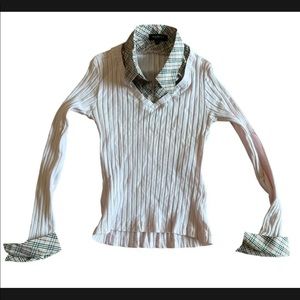 SOLD Burberry Light Pink Sweater W/ Plaid Collar and Sleeves Authentic